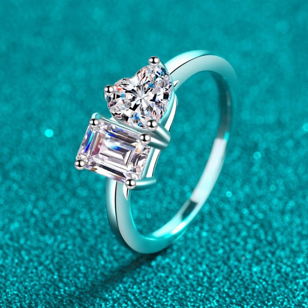 Certified 2 ct. t.w. Moissanite Diamond Emerald & Heart Cut Wedding Ring NEW - Picture 3 of 10